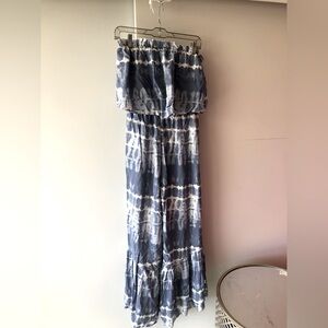 Blue tie-dye ruffle strapless jumpsuit